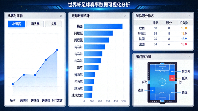 世界杯足球赛事数据可视化分析界面示意图